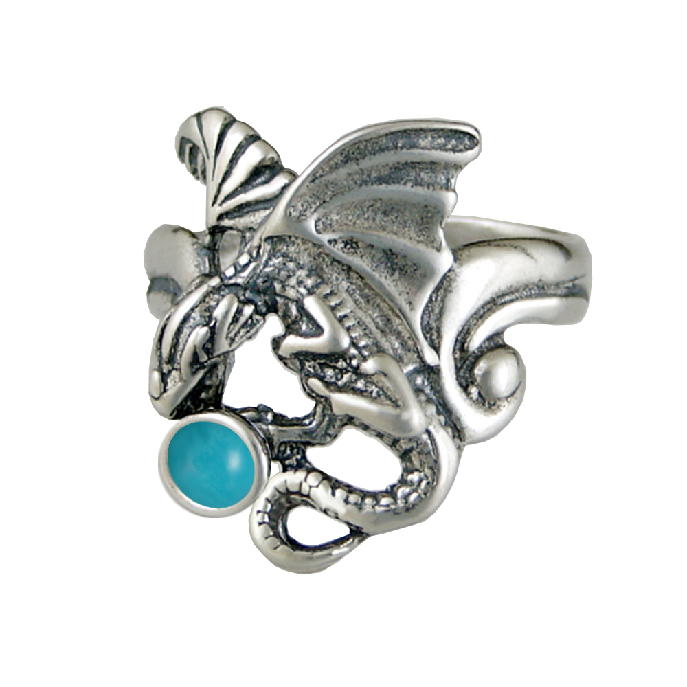 Sterling Silver Detailed Dragon Ring With Turquoise Size 6